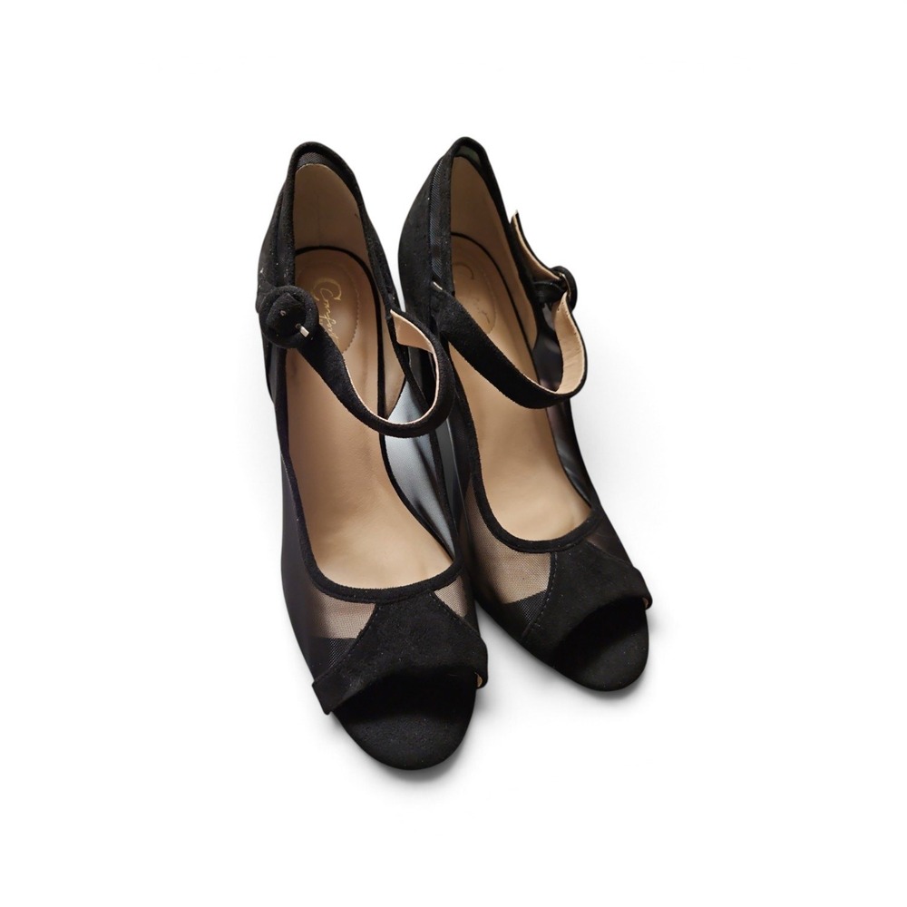 Cato Black Mesh Peep Toe Mary Jane Block Heels Size 11 0601